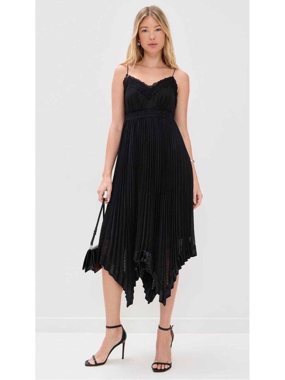 PAIGE Black Pleated Handkerchief Hem Slip Dress with Lace Trim